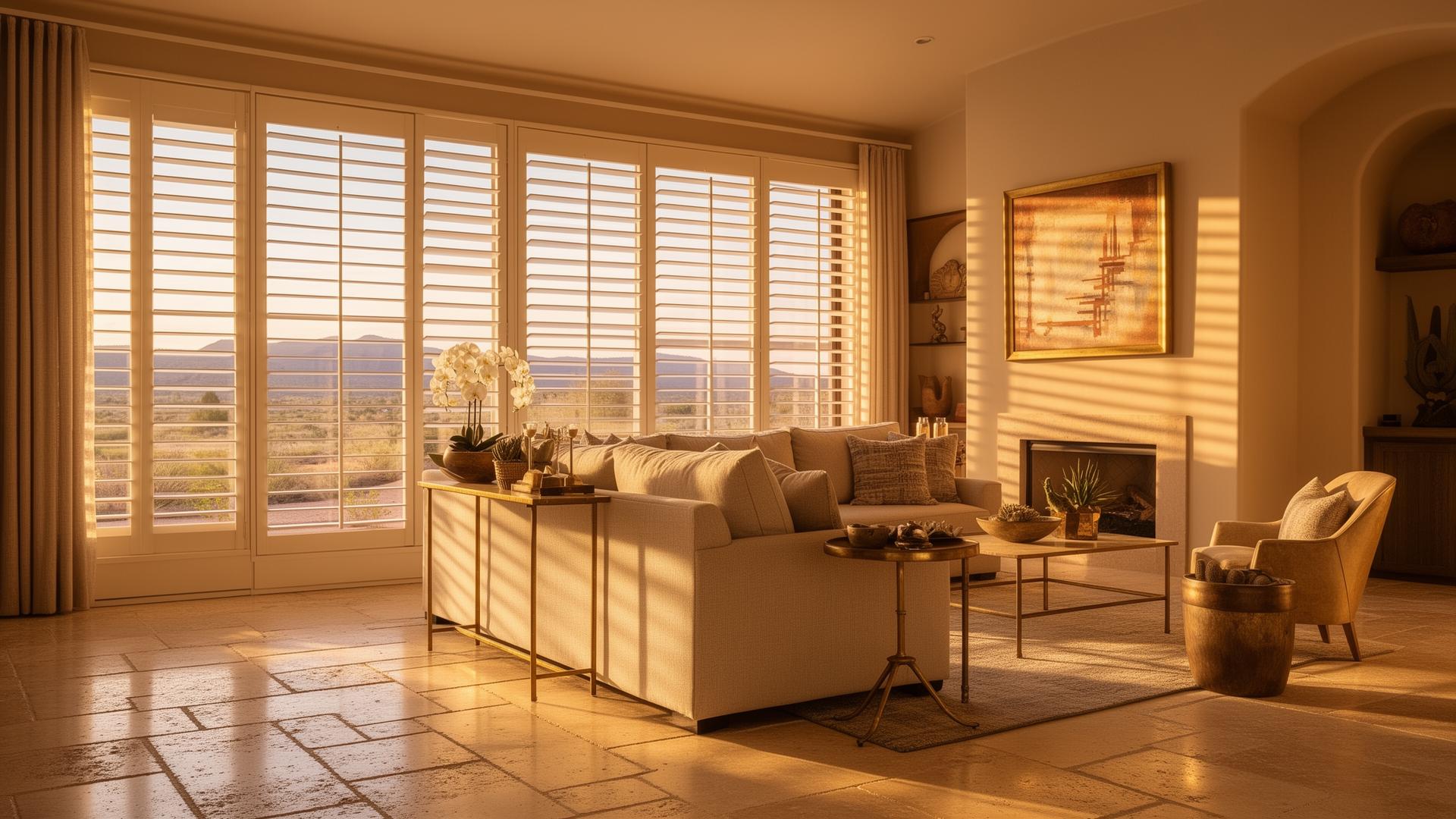 Sunlit Arizona living room with custom plantation shutters